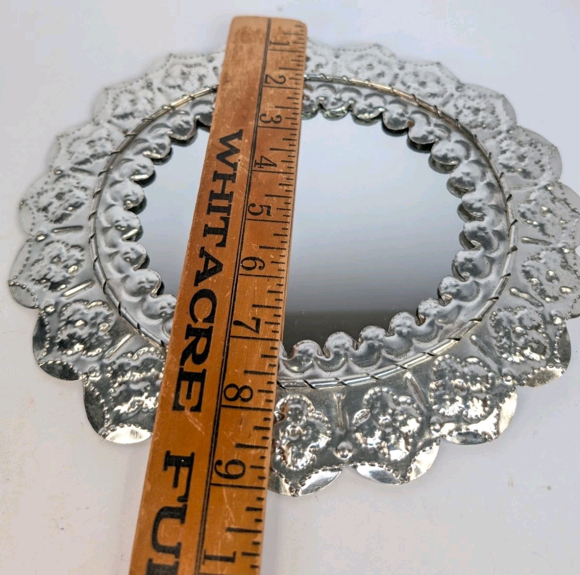 Ornate Vintage Mexican Folk Art Punched Tin Oval Mirror Wall Hanging