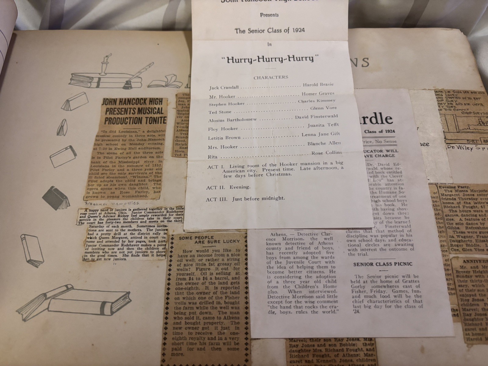 Antique 1923/24 High School Memories Scrapbook Felt Letter Invitations Playbill