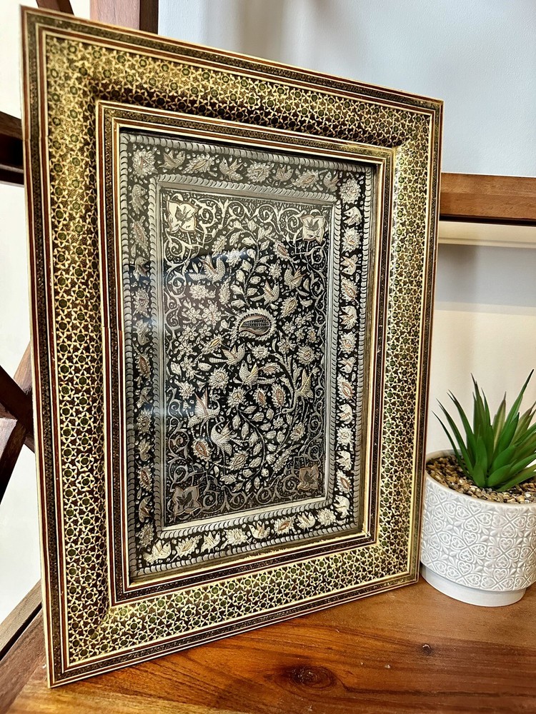 Antique Moroccan Inlaid Bone Frame Repousse Plaque