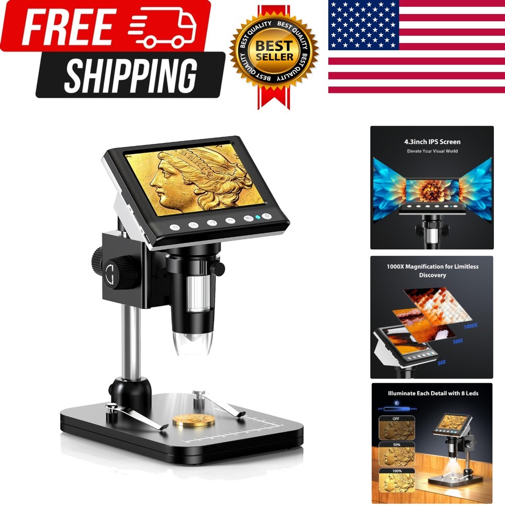 4.3'' IPS Coin Microscope, 1000X Magnification Digital Microscope for Adults，...