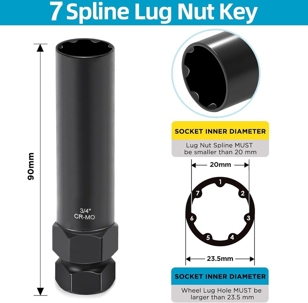 2 Piece 6 & 7 Spline Lug Nut Key Socket Wheel Lock Removal Tool Kit