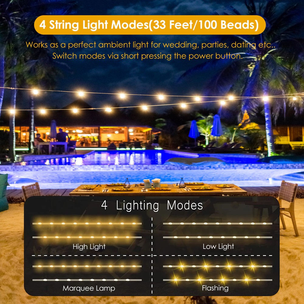 Camping String Light Waterproof with 33Ft Camping Light 8 Modes Rechargeable NEW