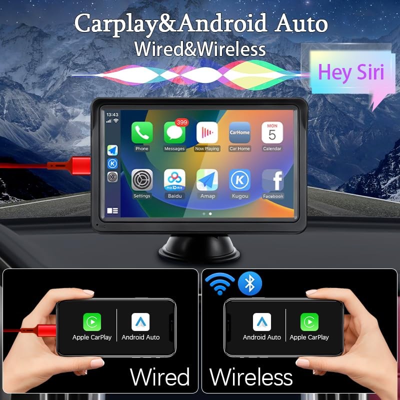 SINOVCLE 7 Inch HD IPS Touchscreen Wireless CarPlay & Android Auto, Black