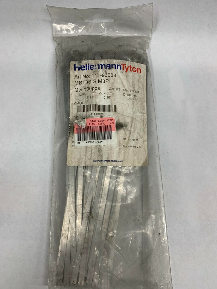 QTY/100 HellermannTyton 11-93088 Cable Tie, Metallic Silver