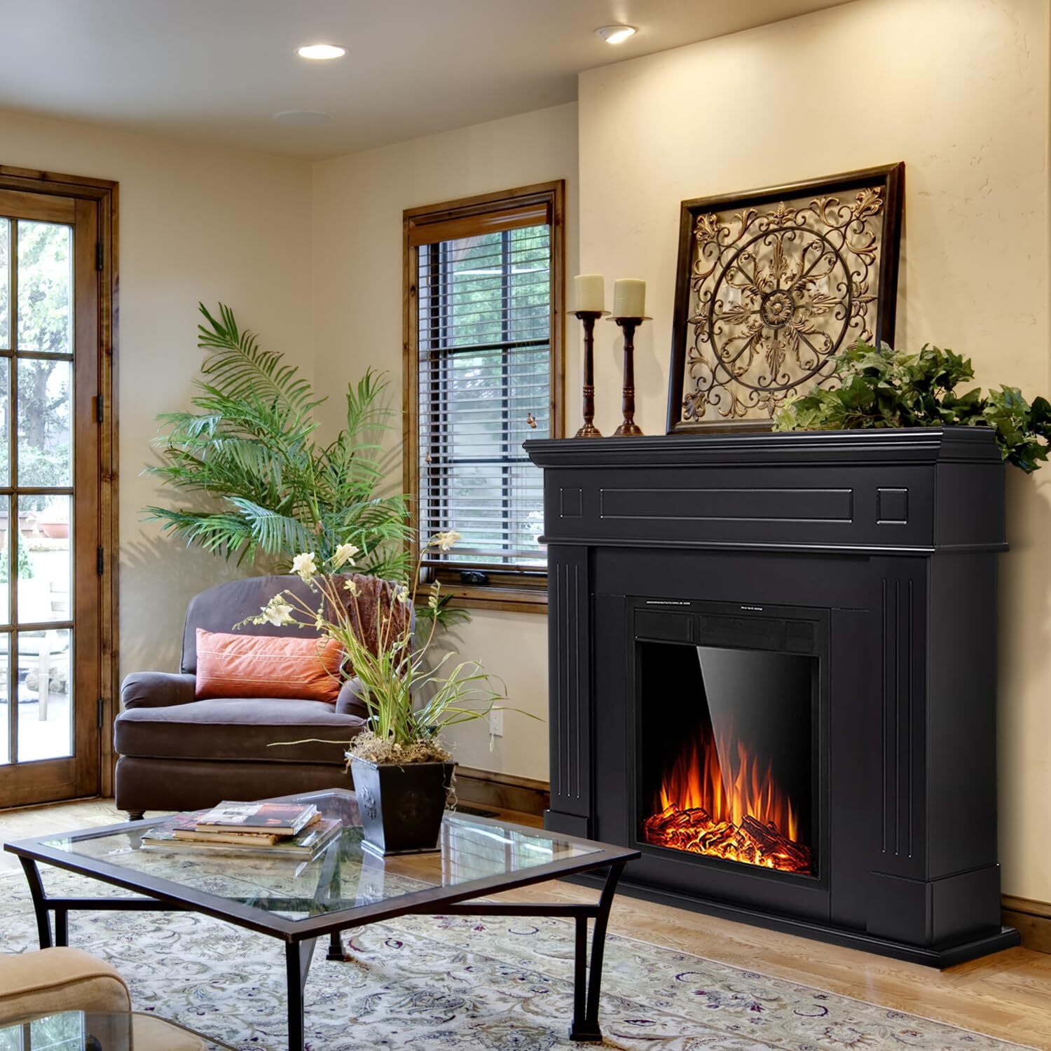 43” Electric Fireplace Mantel Freestanding, Remote , Adjustable Led Flame,Black