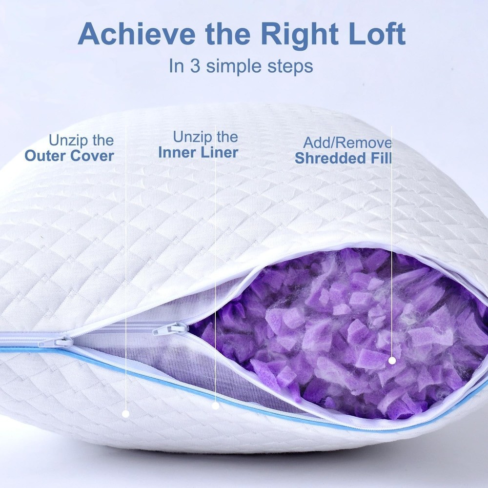 Ergonomic Shredded Memory Foam Pillows for Sleeping - 2-Pack Adjustable Comfort