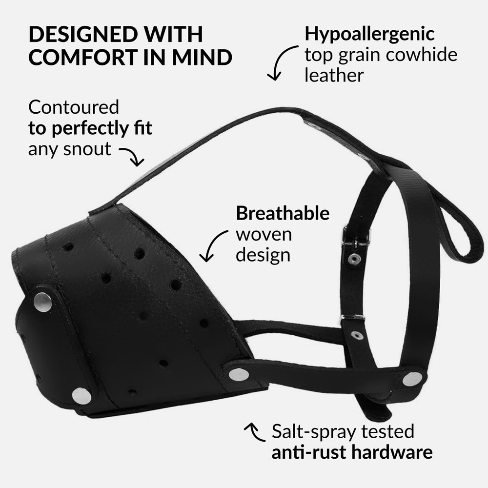 Pitbull Dog Muzzle Leather with Adjustable Straps, Basket Anti Black