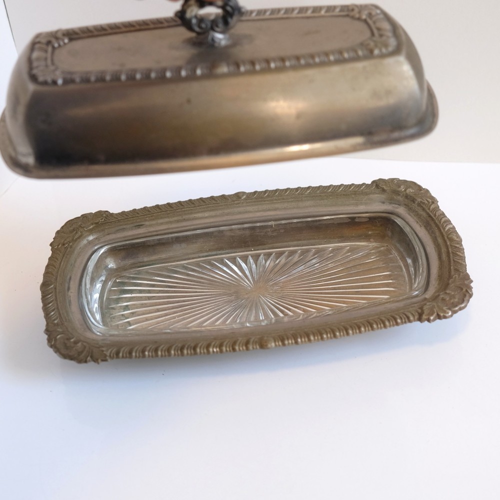 Vintage Crosby Silver Plated Butter Dish with Glass Insert Baroque Victorian