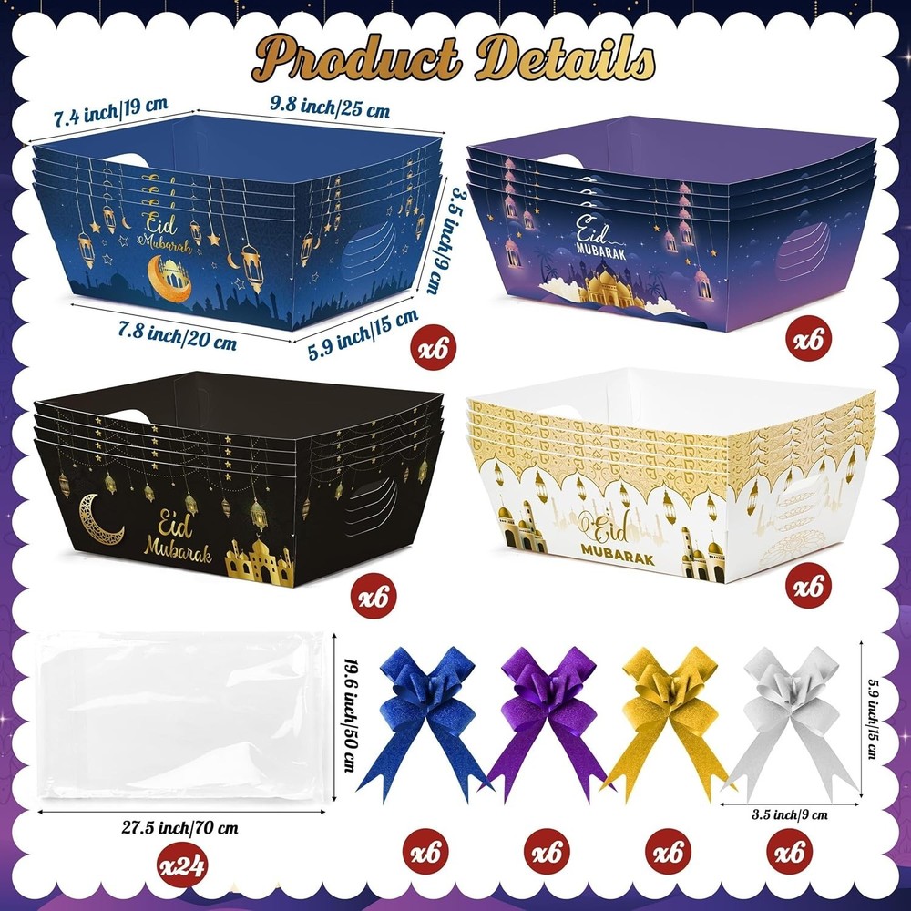 OSNIE Eid Mubarak Gift Bag Empty Baskets - 24 Sets Islamic Eid Gold Lantern and