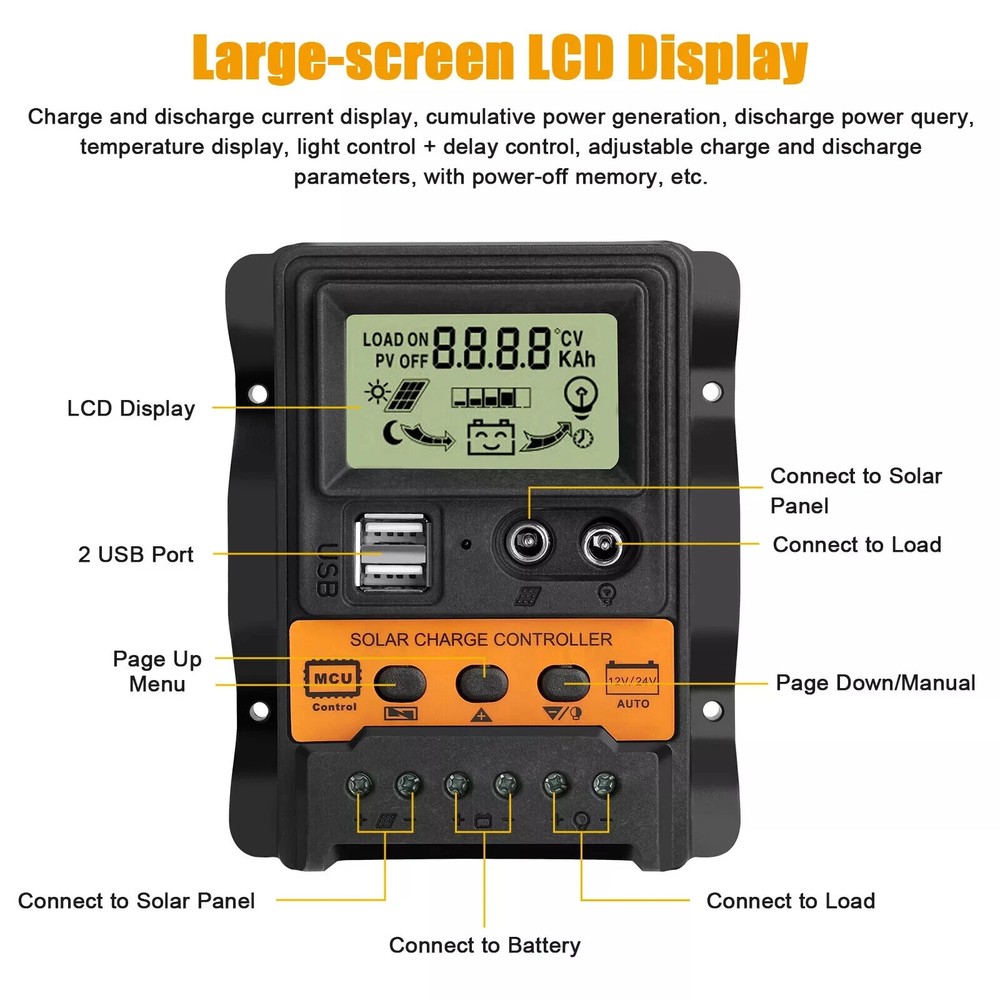 30A PWM Solar Charge Controller 12/24V Panel Battery Regulator Charger LCD USB