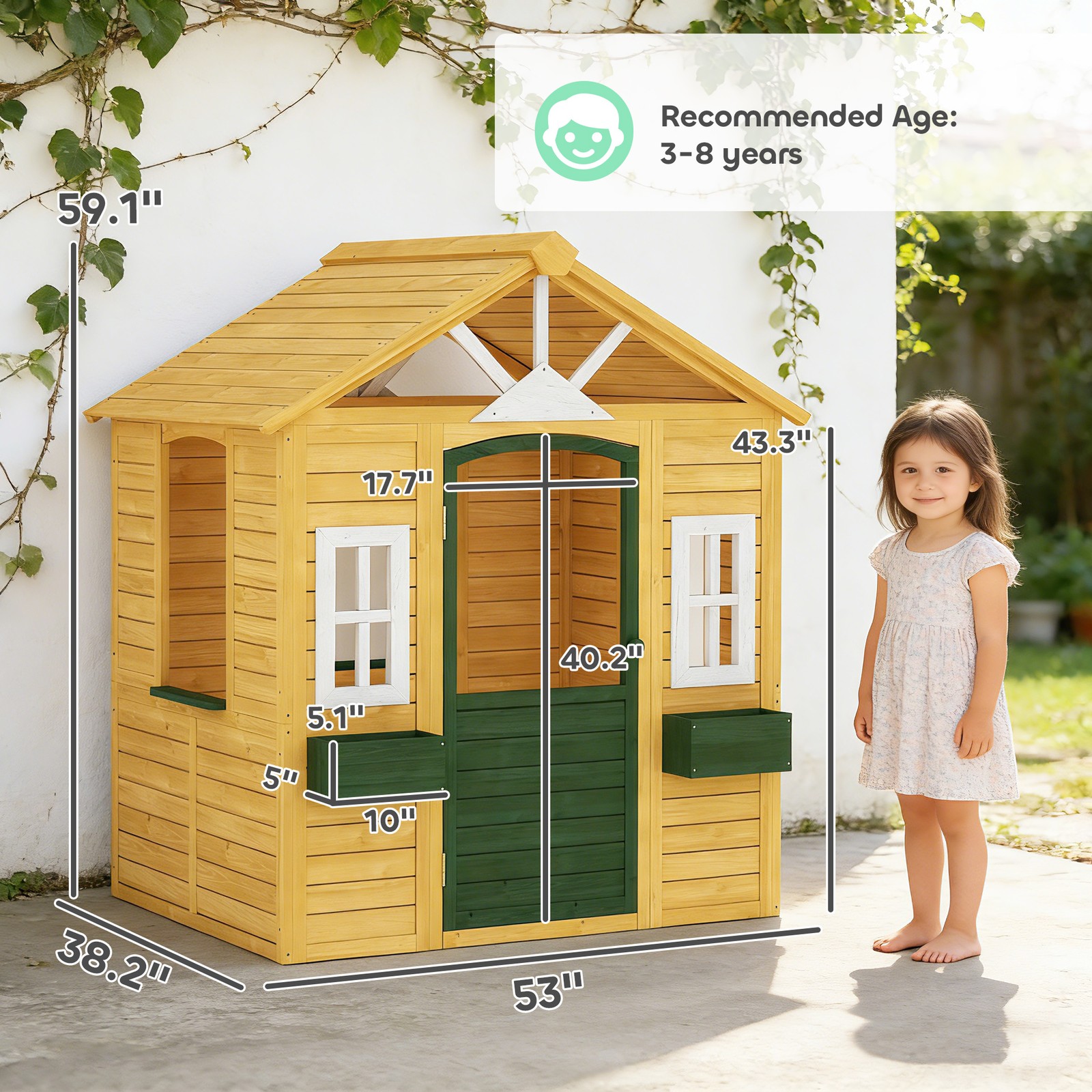 Qaba Outdoor Playhouse, Wooden Kids Playhouse with Door, 2 Flower Boxes