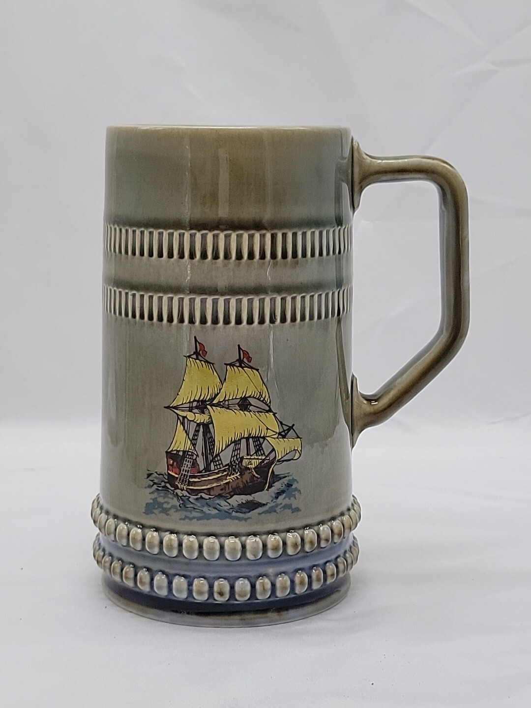 Vintage Wade Ireland Green Beer Stein Mug Sail Boat Yellow Sails