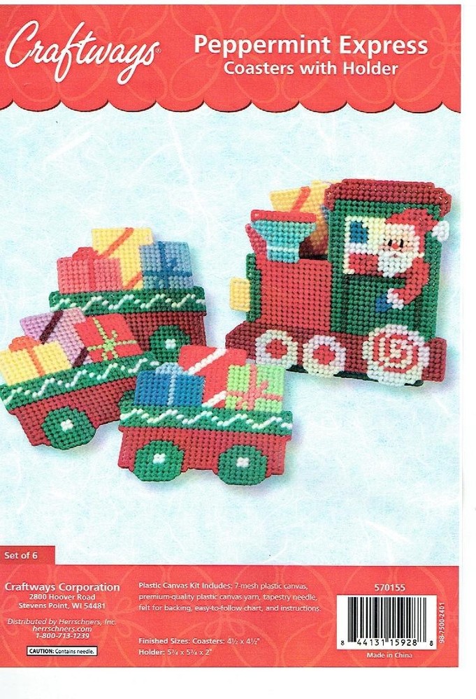PEPPERMINT EXPRESS COASTERS & HOLDER  7ct plastic canvas  PATTERN  (#TF0529)