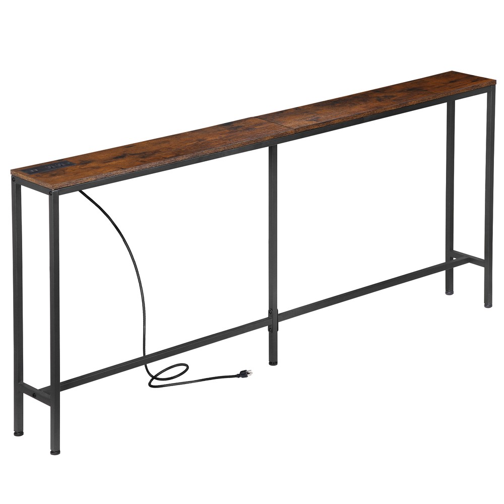70" Narrow Console Table with Outlet Sofa Table w/ Charging Station Rustic Brown