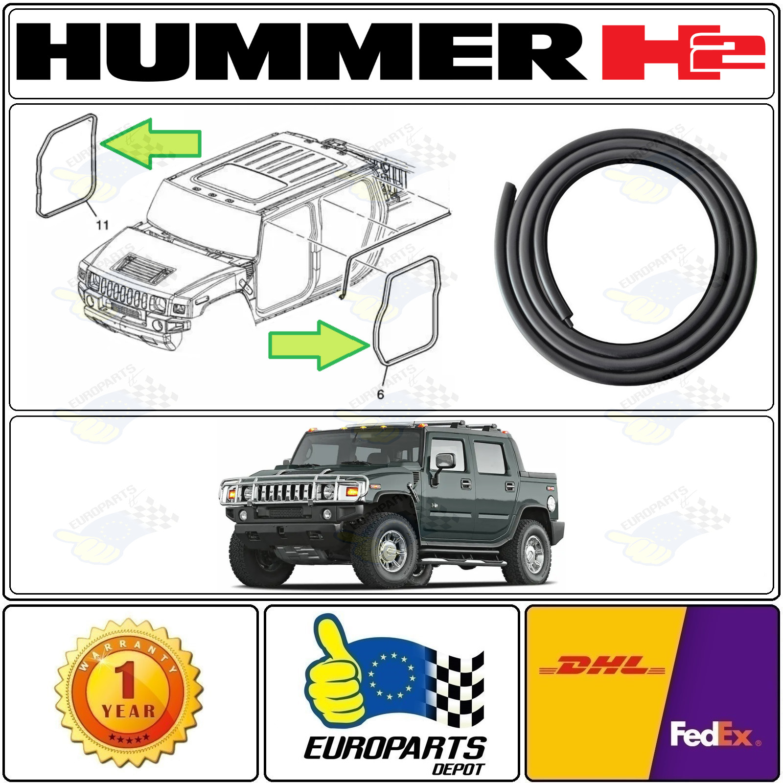 2003-09 Hummer H2 Front Door Rubber Seal Weatherstrip On Body 2-Piece Set LH-RH