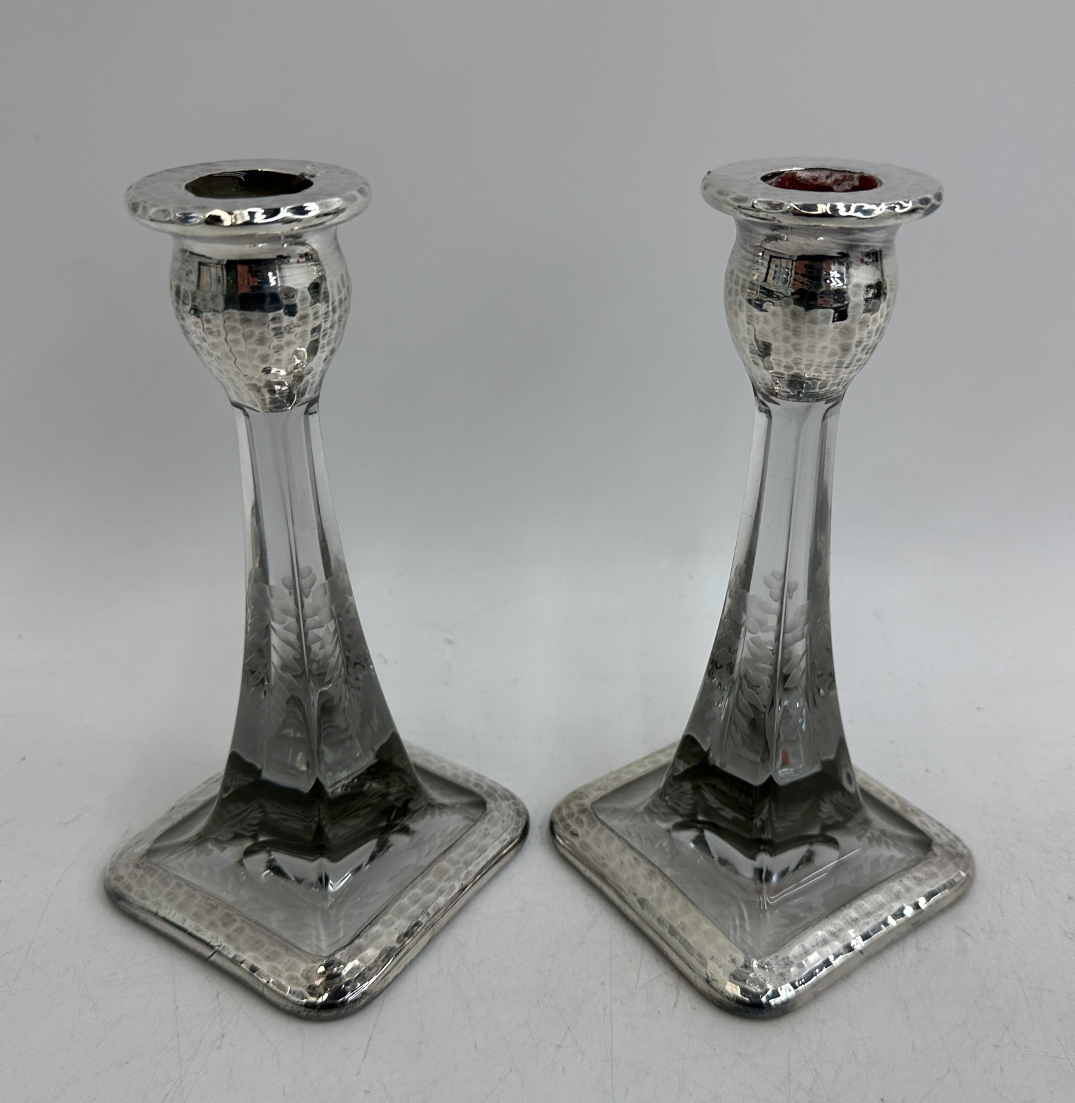 Vintage Pair Hand Hammered Sterling Silver and Cut Glass Candlestick Holders