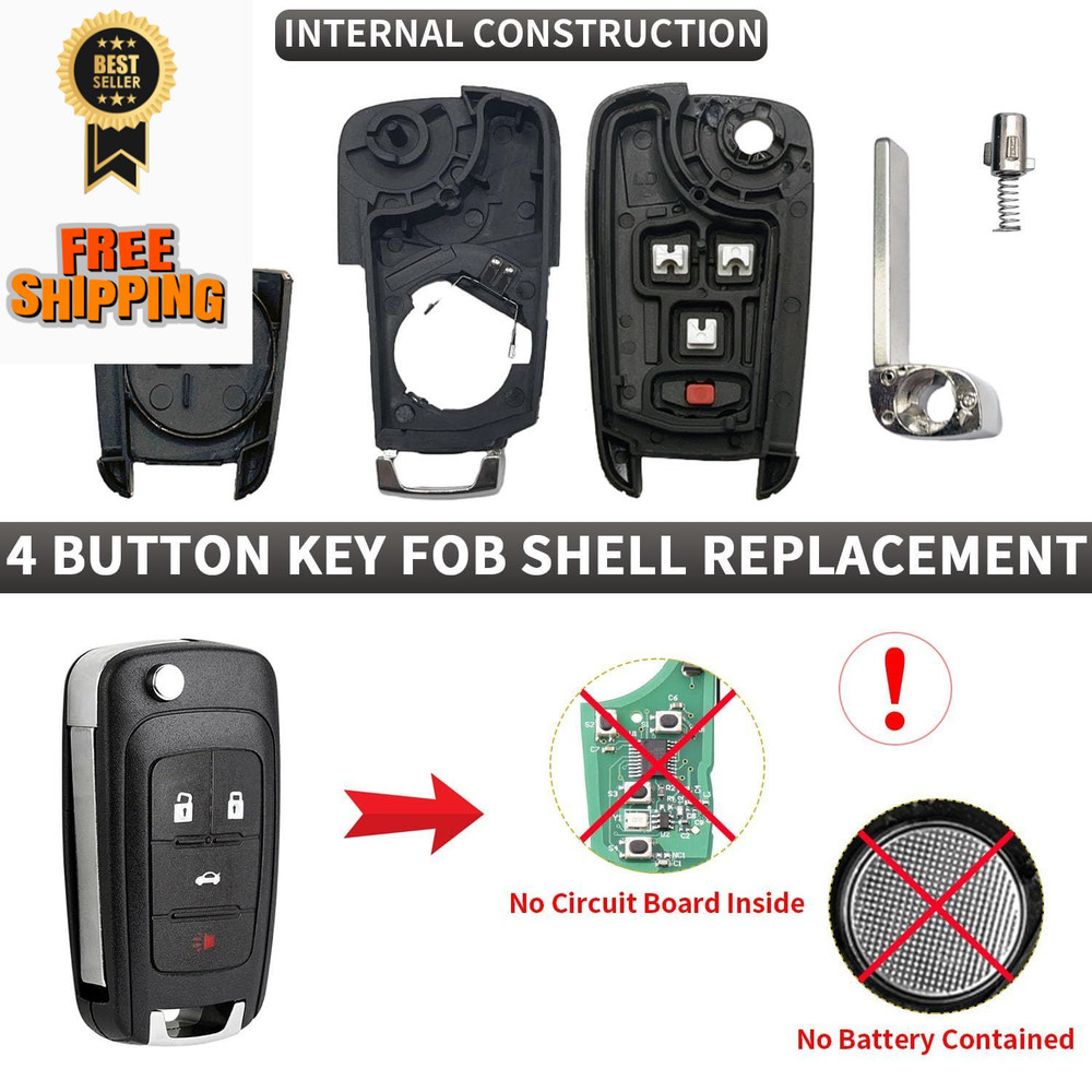 2 Pack Flip Key Fob Case Shell Replacement 4 Button for Chevy Cruze Black