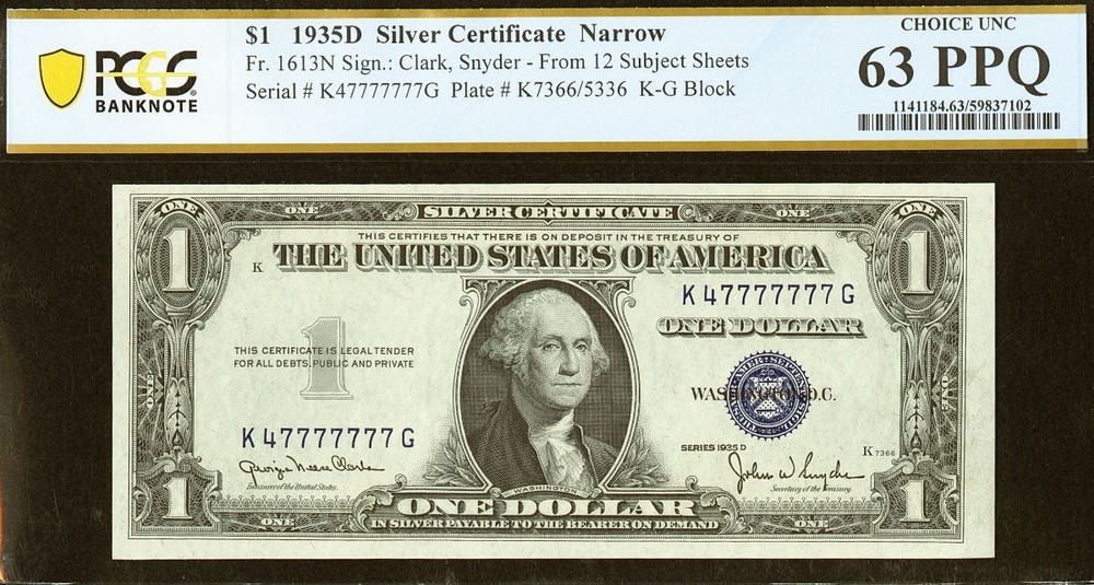 1935D $1 Silver Certificate PCGS 63PPQ Near Solid Serial 47777777