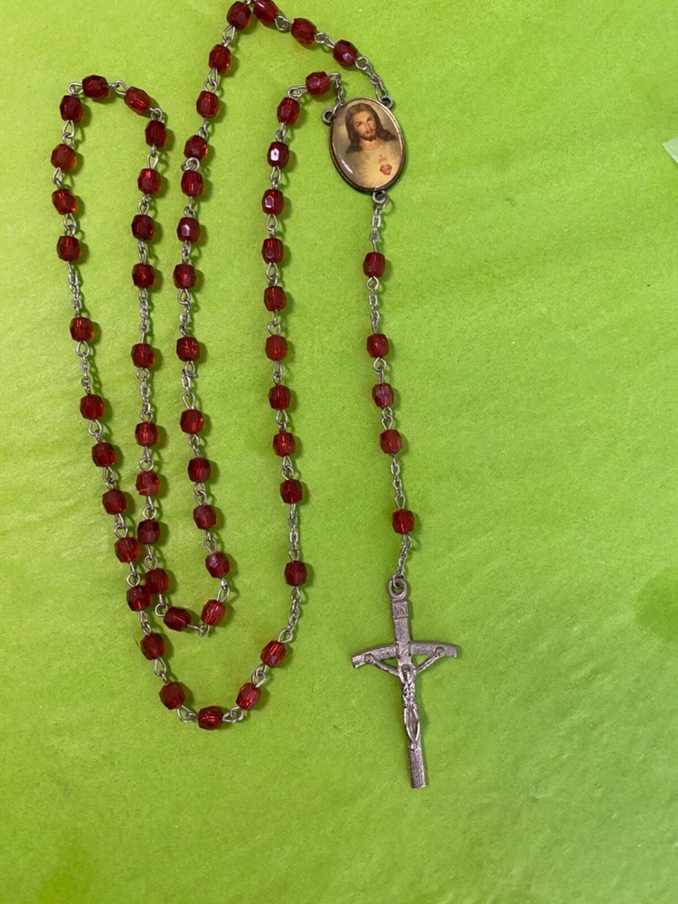 Vintage Catholic Rosary Beads -21” Dark Red Beads & Silver Tone Crucifix Jesus