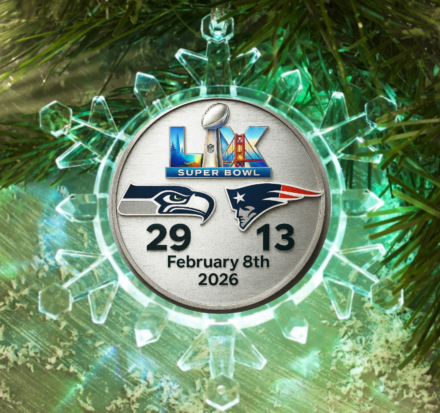 Seattle Seahawks Super Bowl 60 Snowflake Lit Holiday Christmas Tree Ornament