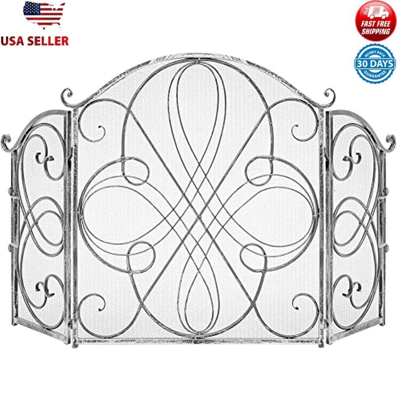 3-Panel Iron Fireplace Screen Spark Guard Protective Mesh Folding Design New