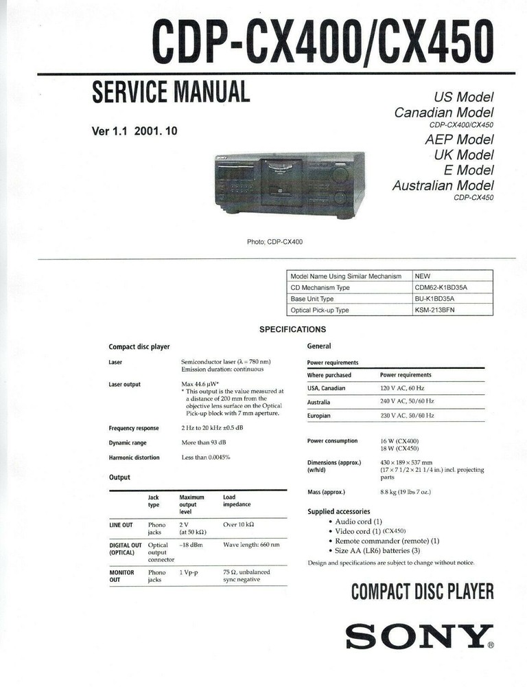 SONY CDP-CX400 CD/DVD Service & Operating Manuals  (On CD )