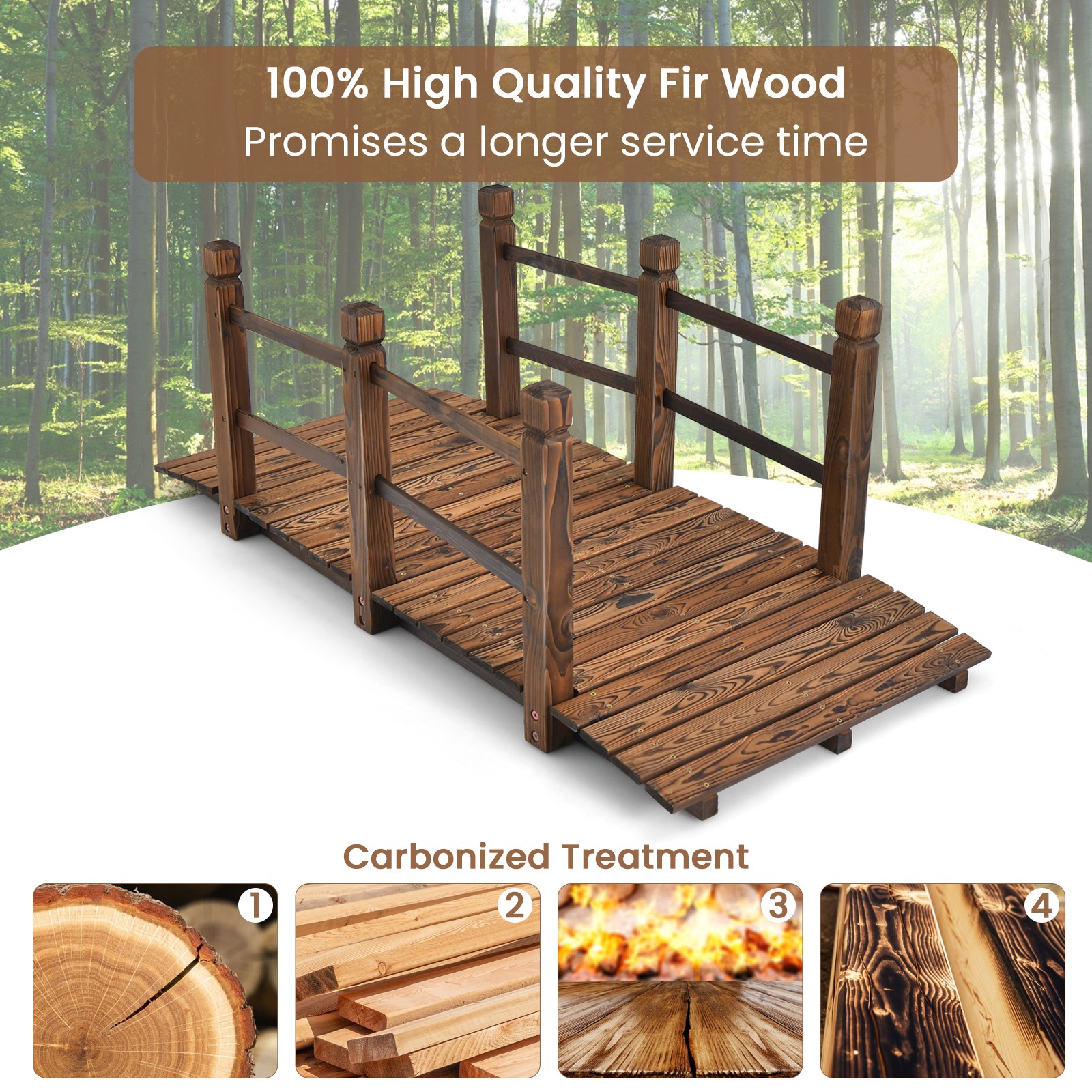 Wooden 5 FT Garden Bridge Decorative Stained Finish Footbridge w/Safety Rails
