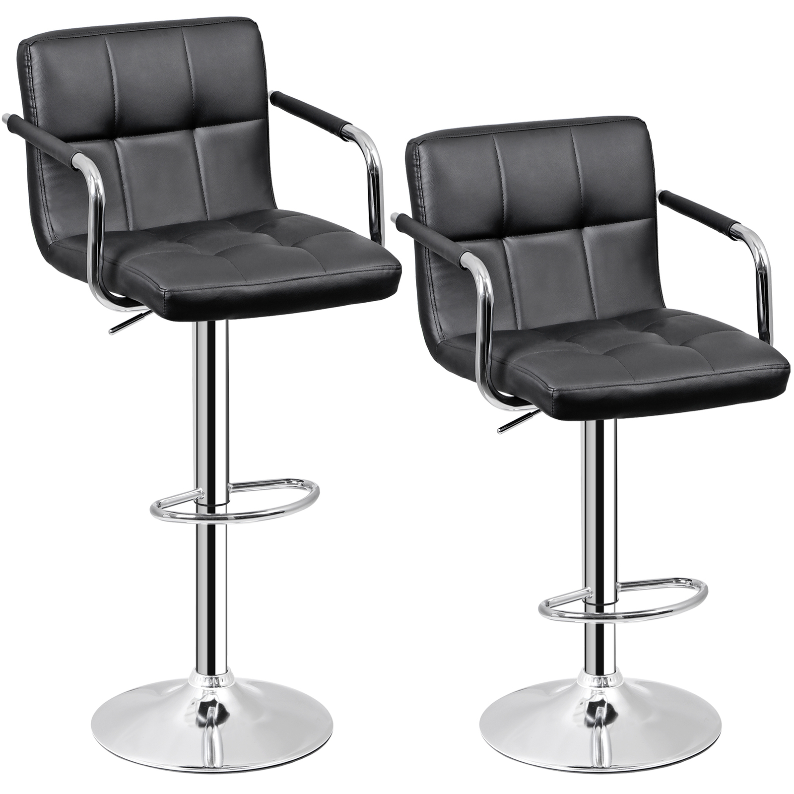 Modern PU Leather Bar Stools Set of 2 Adjustable Swivel Barstools w/ Back & Arms