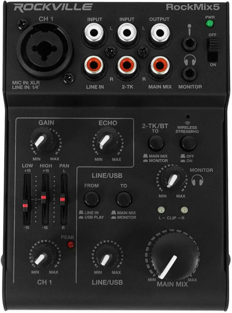 Rockmix 5 Channel Pro Mixer W/Usb Interface, Bluetooth, Echo, 2-Band EQ, Compact