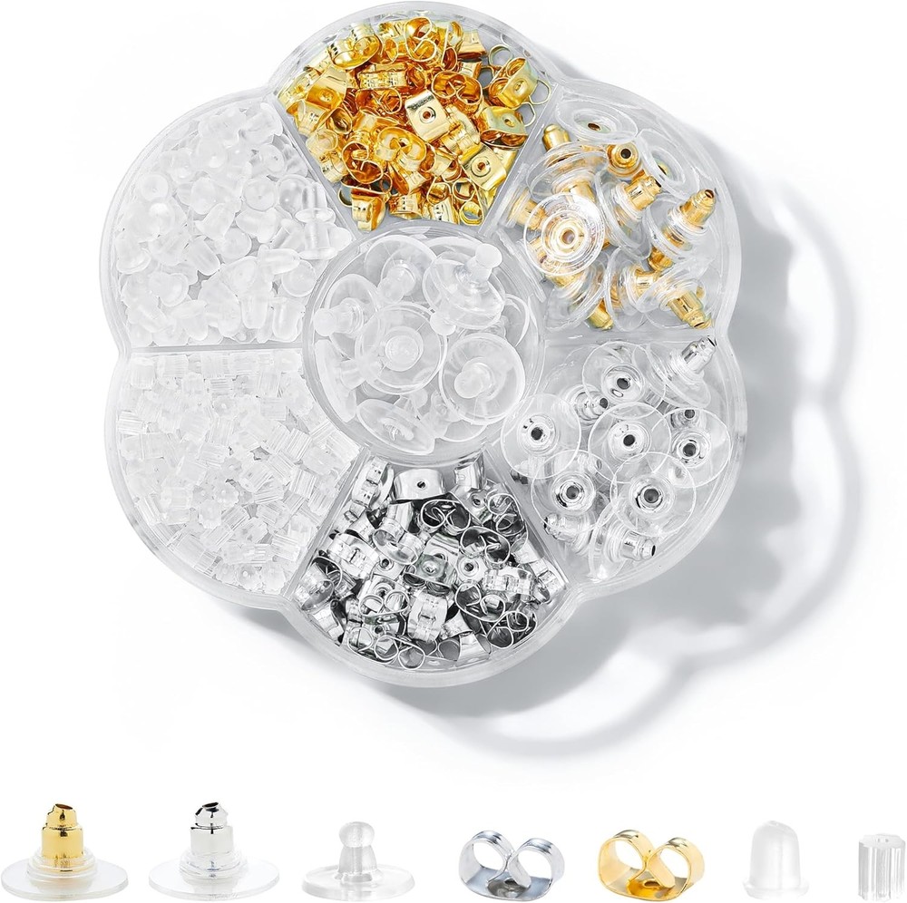 7 Styles 500PCS Earring Backs for Studs, Clear Plastic Hypoallergenic Metal Rubb