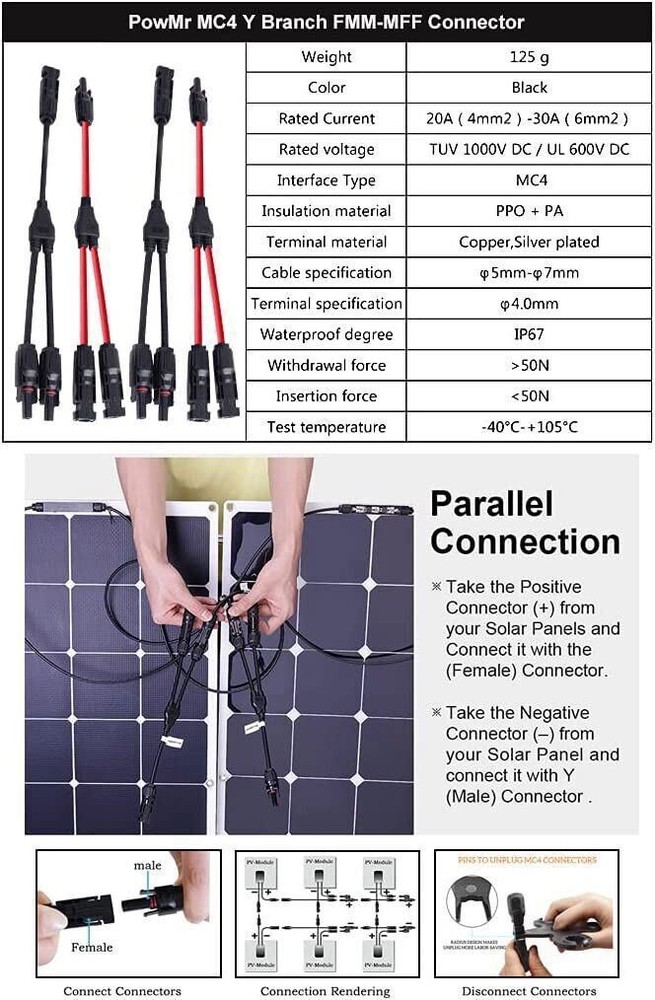 Solar Panel Connectors Waterproof Y Branch Parallel Adapter Cable Wire Plug USA