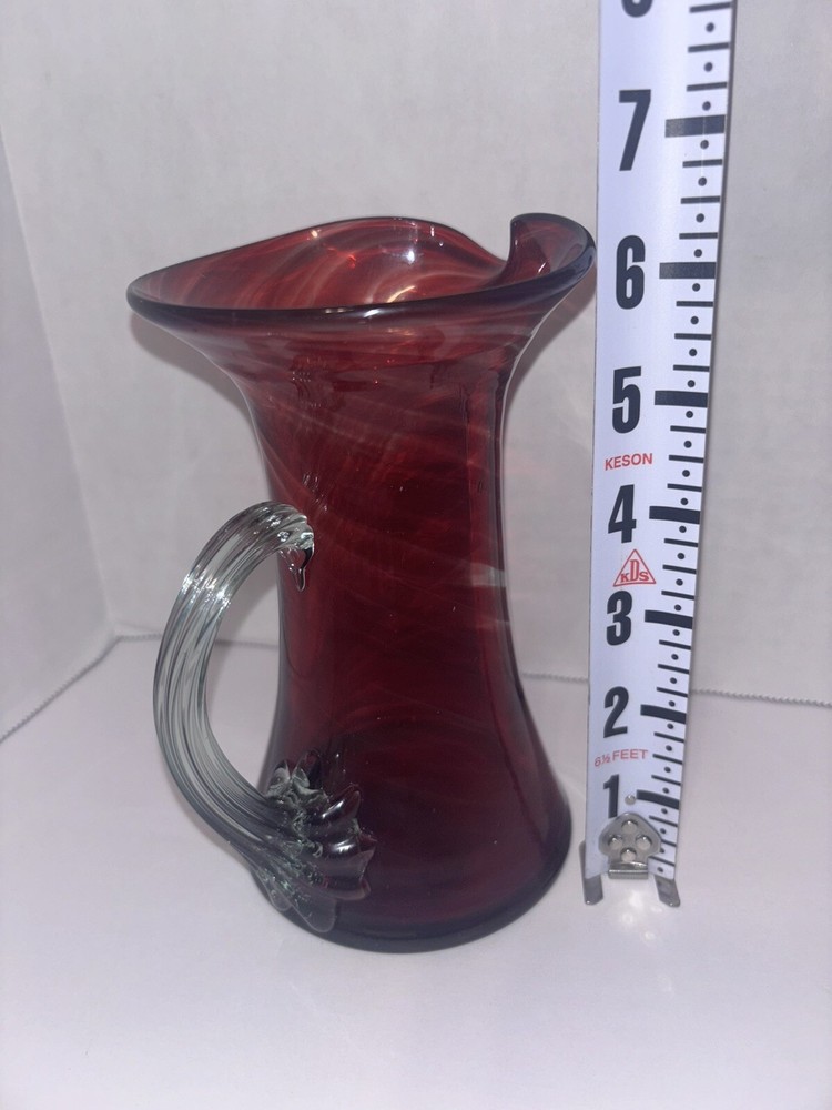 Hand blown Glass Ruby Red Pitcher Applied Ribbed Clear Glass Handle