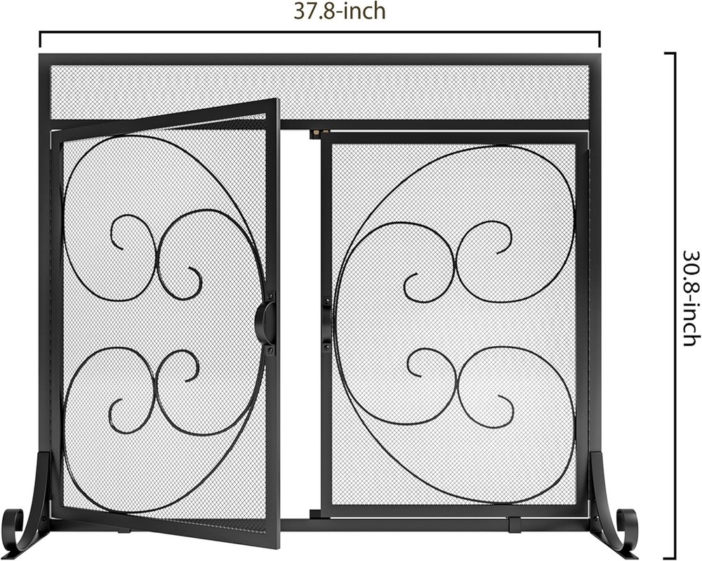 Flat Fireplace Screen with Hinged Doors Handcrafted Wrought Iron Classical