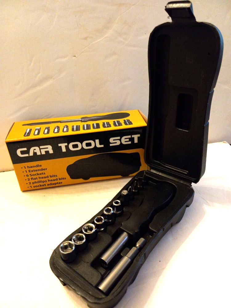 CAR TOOL SET SOCKETS FLAT HEAD & PHILLIPS BITS HANDLE EXTENDER CAR SHAPE HOLDER