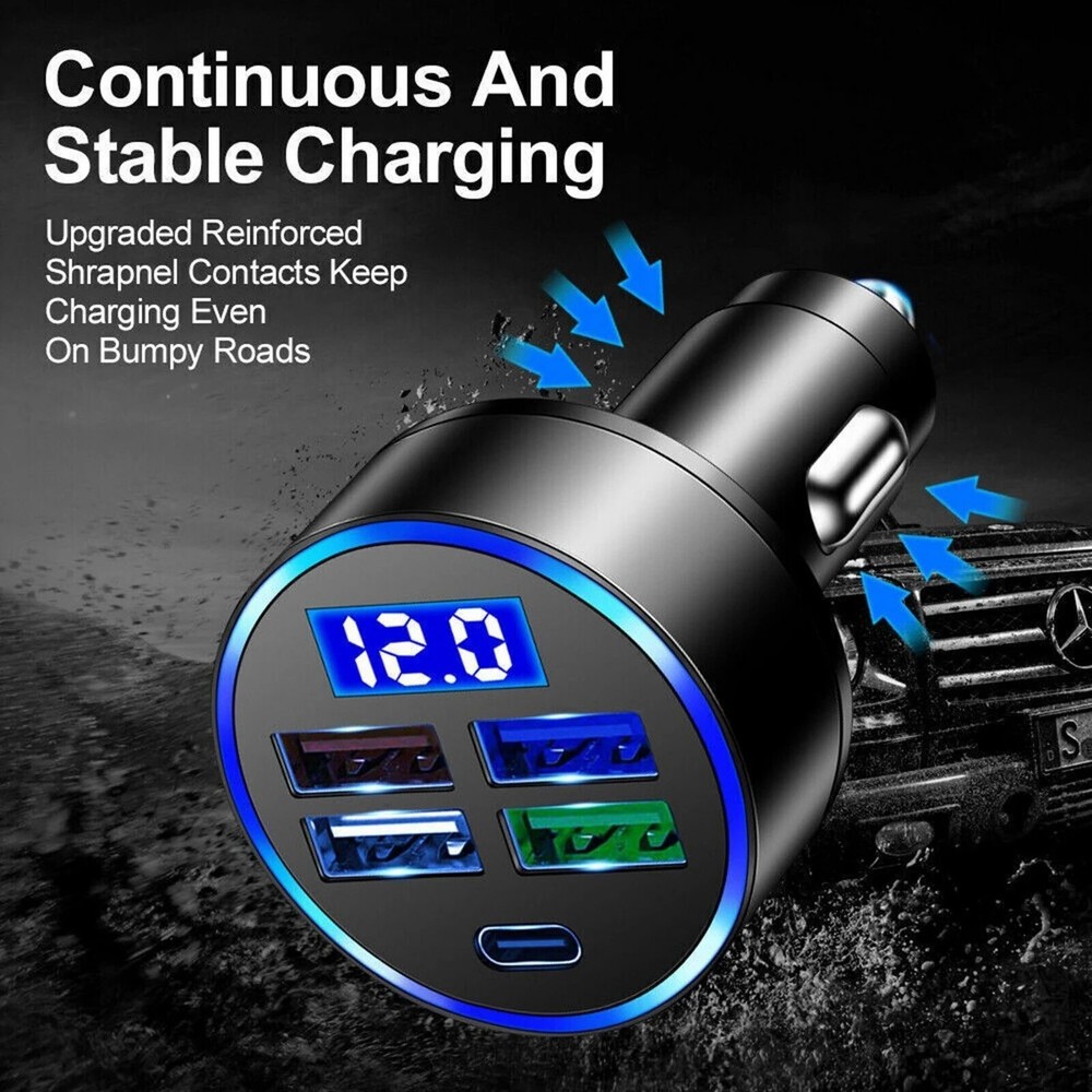 Super Fast Car Charger Adapter USB 5-Port Voltmeter for iPhone Samsung Android