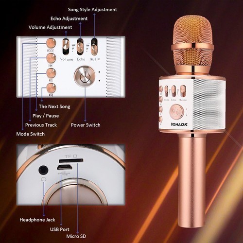 OPEN BOX Bonaok Portable Wireless Karaoke Microphone/Speaker Rose Gold *READ ALL