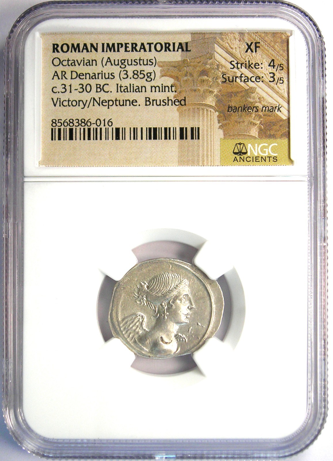 Augustus AR Denarius Silver Octavian Roman Coin 31 BC - Certified NGC XF (EF)