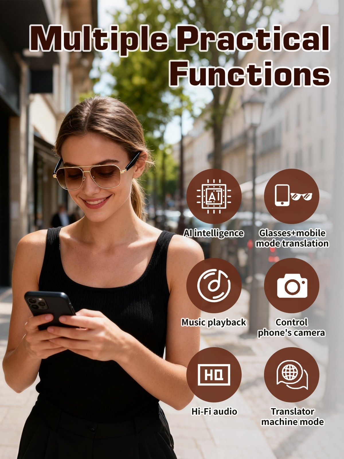 AI Smart Glasses for Men&Women Bluetooth Open-Ear Speakers for Music Call Work