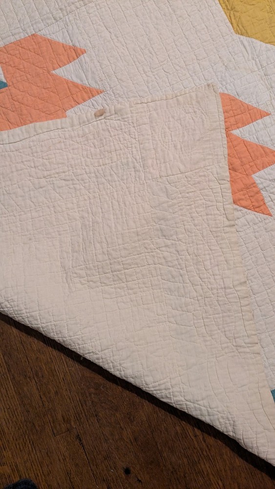 Antique Old Hand Stitched Multicolor Textile Maple Leaf Quilt 72"