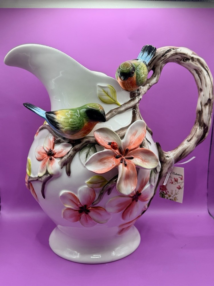 BOTANICAL COLLECTION BY CORNER RUBY STUNNING 3D PITCHER WITH FLOWERS & BIRDS