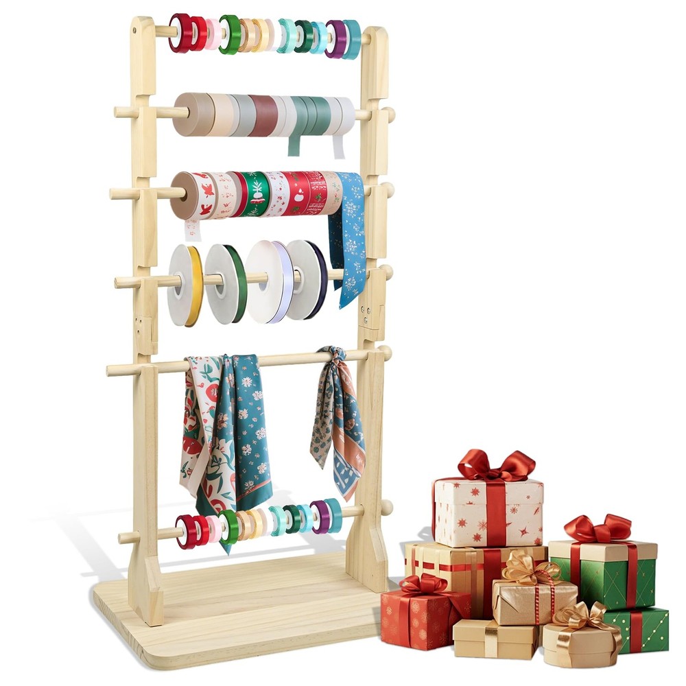 6 Tier Large Capacity Solid Wood Ribbon Storage Rack MultiSpacing Spool