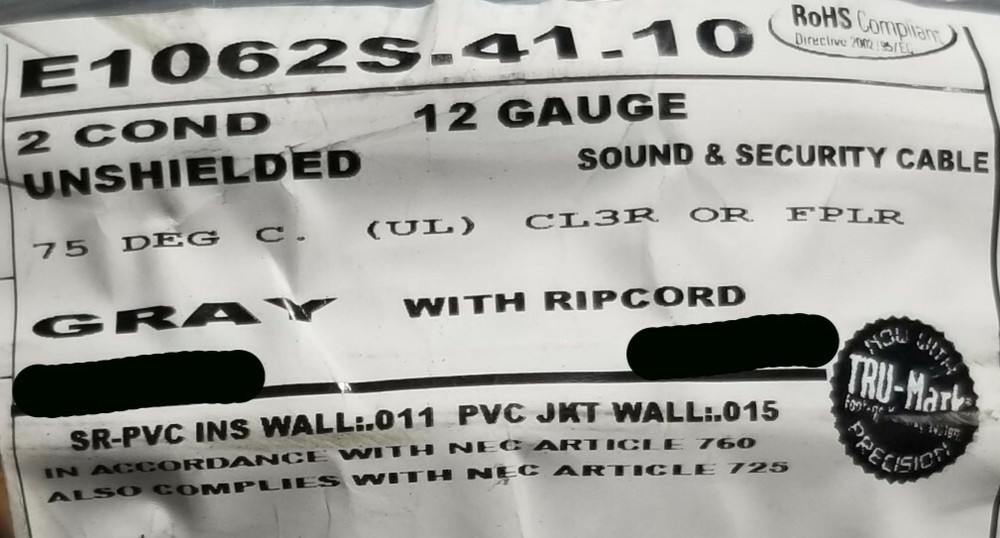 Carol E1062S 12/2C Stranded Riser Audio/Speaker/Security/Control Cable Gray/50ft