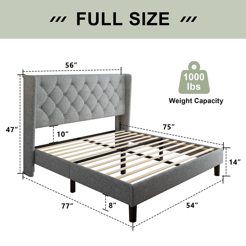 Stylish Full Size Bed Frame with Upholstered Wingback Headboard - Light Gray