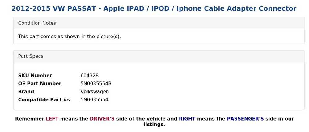 2012-2015 VW PASSAT - Apple IPAD / IPOD / Iphone Cable Adapter Connector