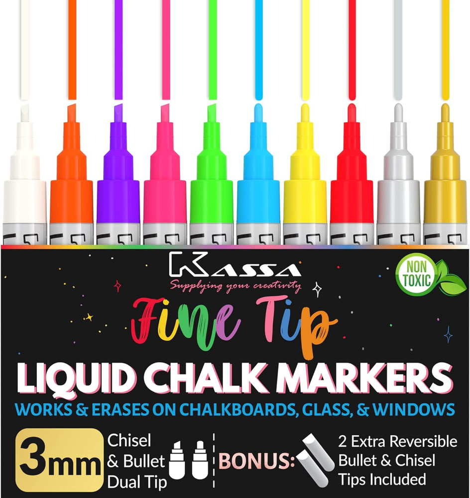 10-Pack Neon Multicolor Chalk Markers | Includes Reversible Bullet & Chisel Tips