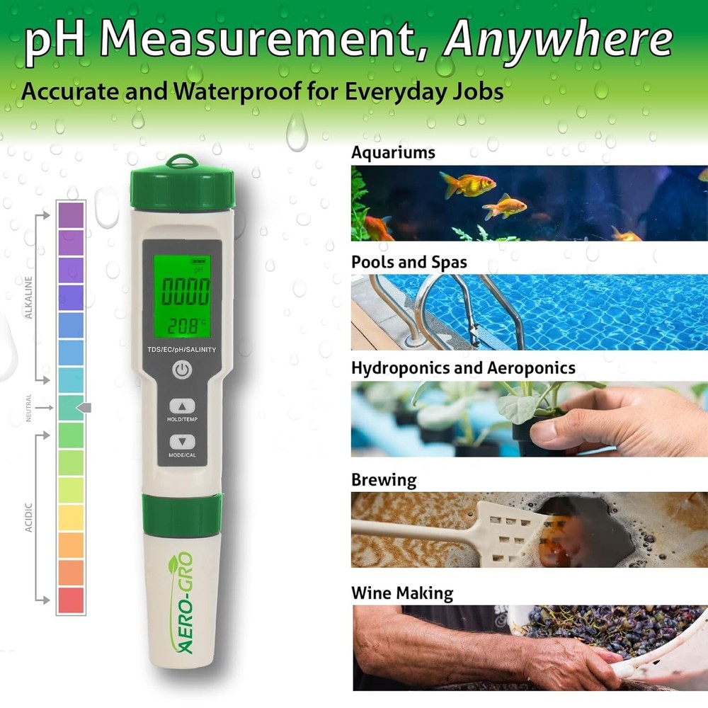 Versatile 5-in-1 Hydroponics & Aquarium Water Meter with Auto Temp Comp.