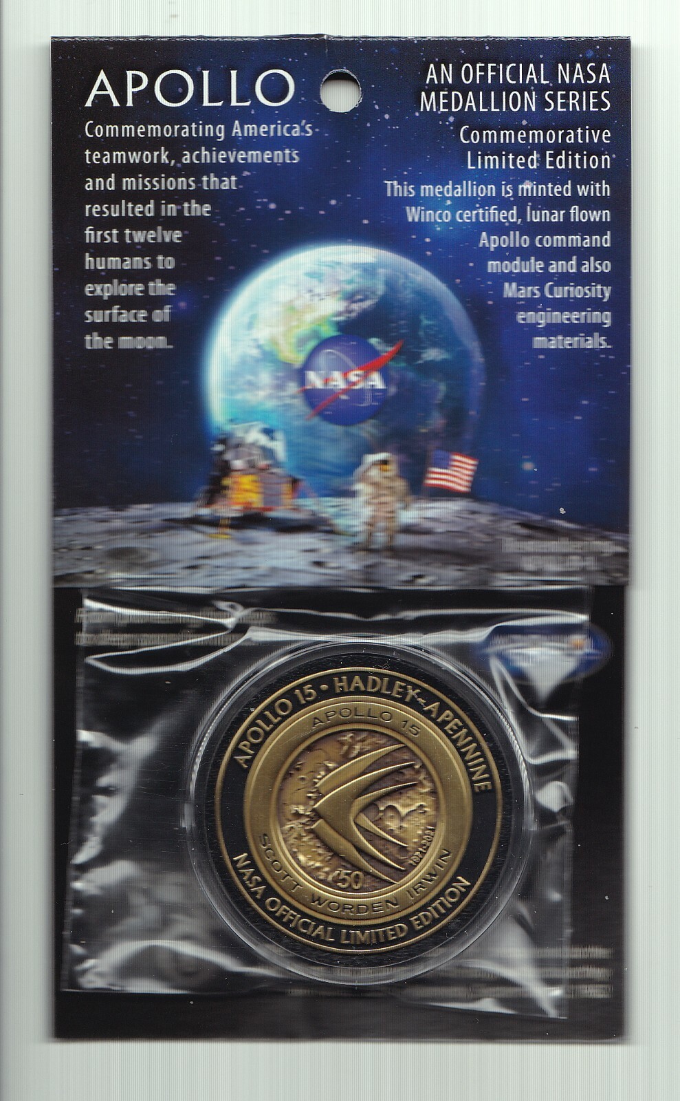APOLLO-15 - 50th Anniversary - LUNAR FLOWN METAL - NASA MEDALLION - COA - MINT