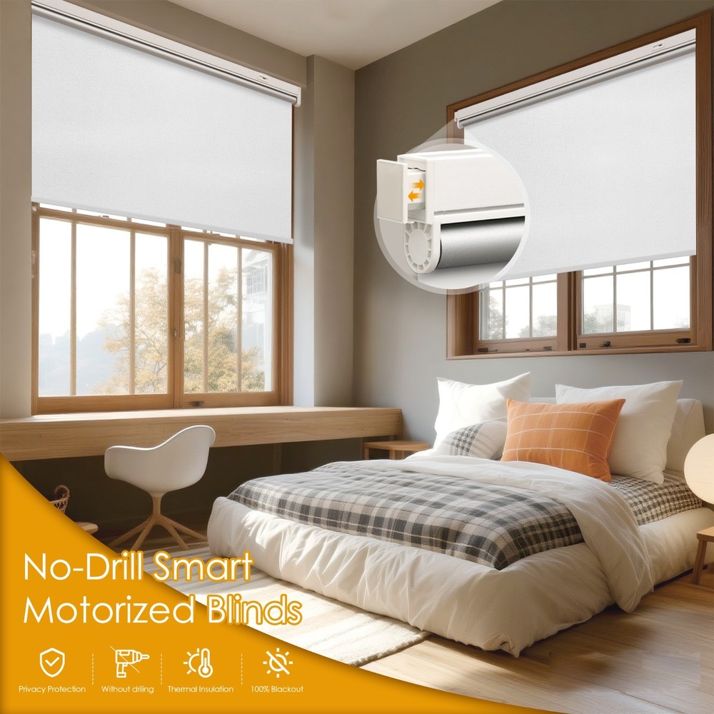 Cordless No-Drill Motorized Roller Blinds with Remote Control Solar Panel Includ