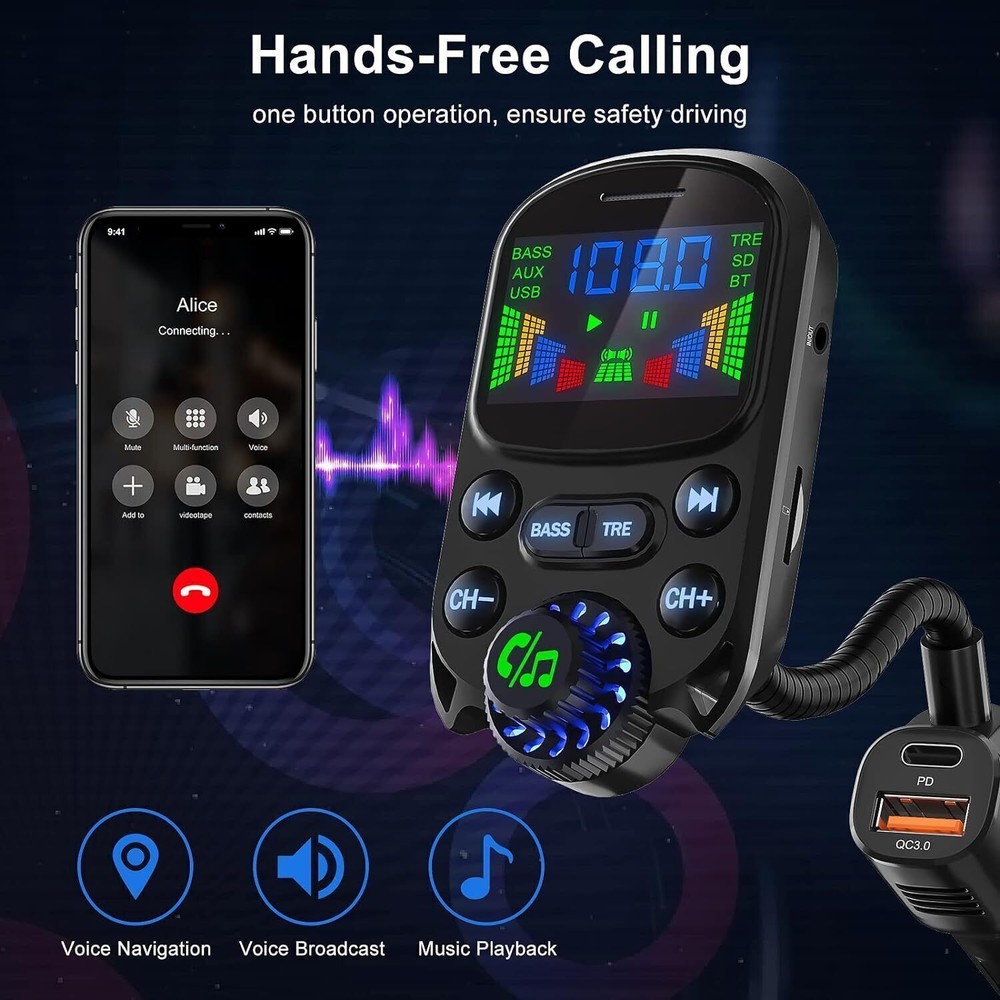 Bluetooth V5.3 Car Wireless FM Transmitter Adapter 3Port Charger MP3 Hands-Free