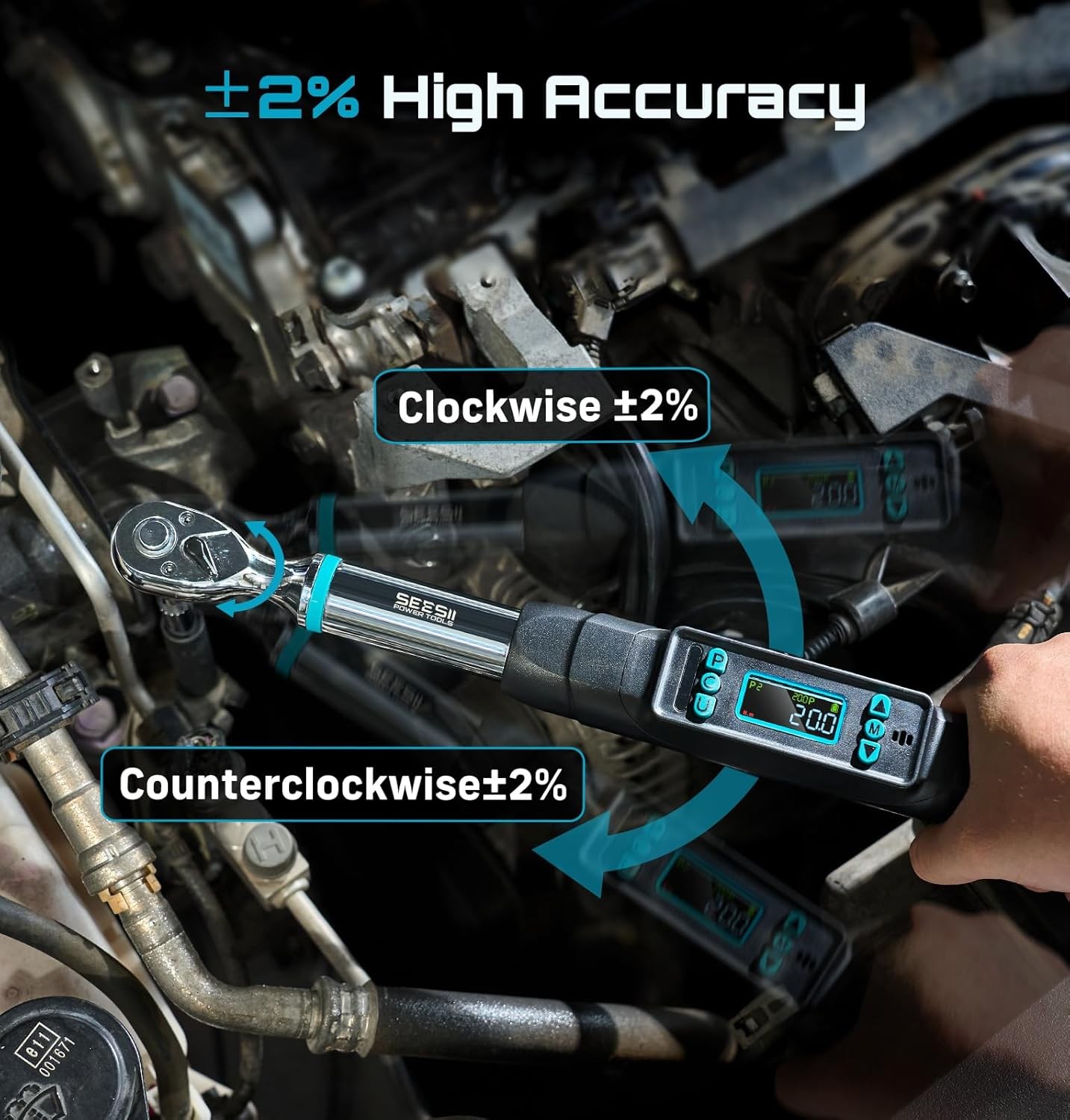 Seesii Digital Torque Wrench 3/8" 0–220 N·m/0–162 ft-lbs Ratchet Electric Torque